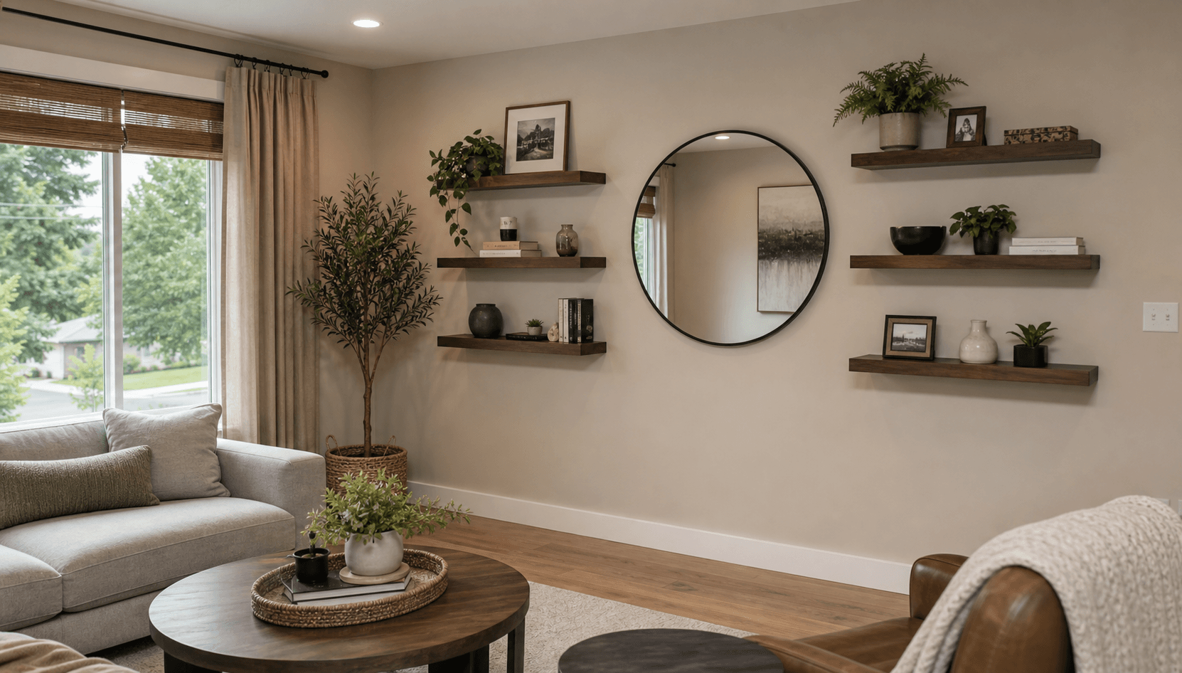 Shelves, mirror, and wall-mounted details installed cleanly